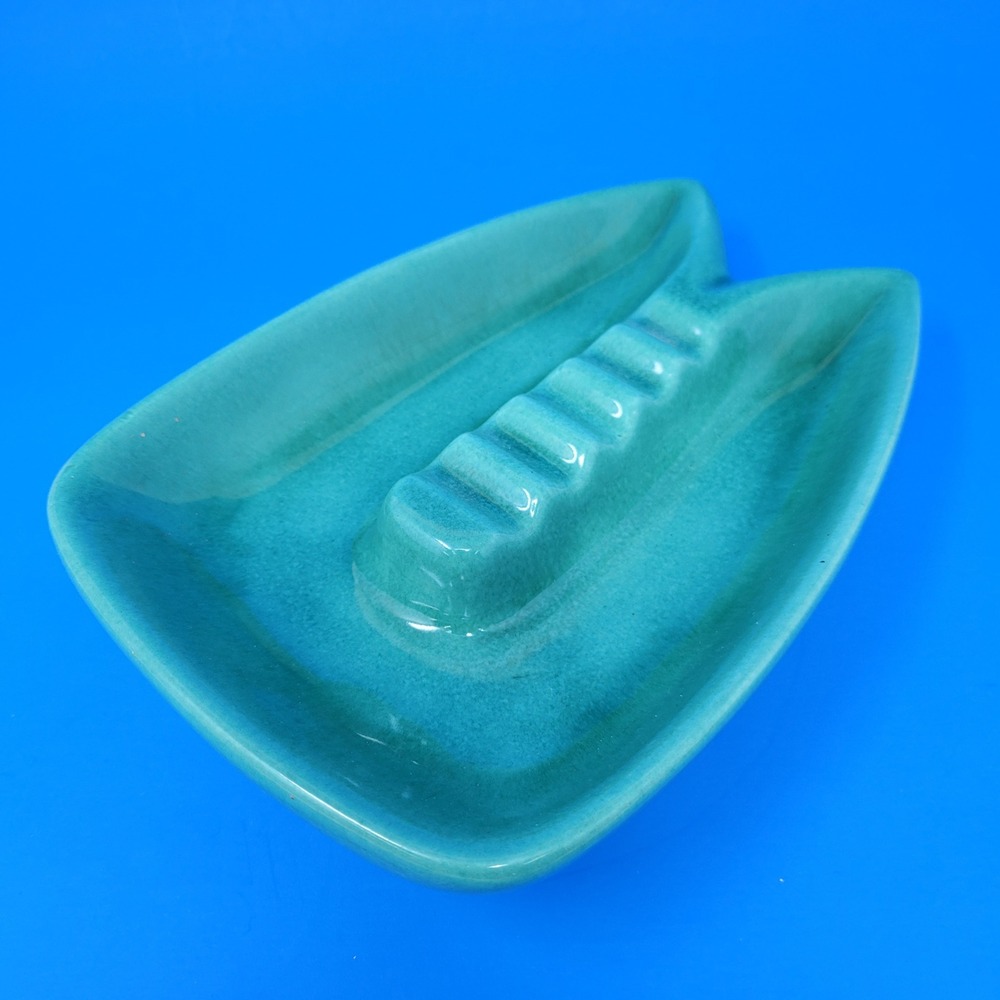 Vintage Mid Century Modern Teal Green Ceramic Ashtray Signed Betty 5/57 Atomic